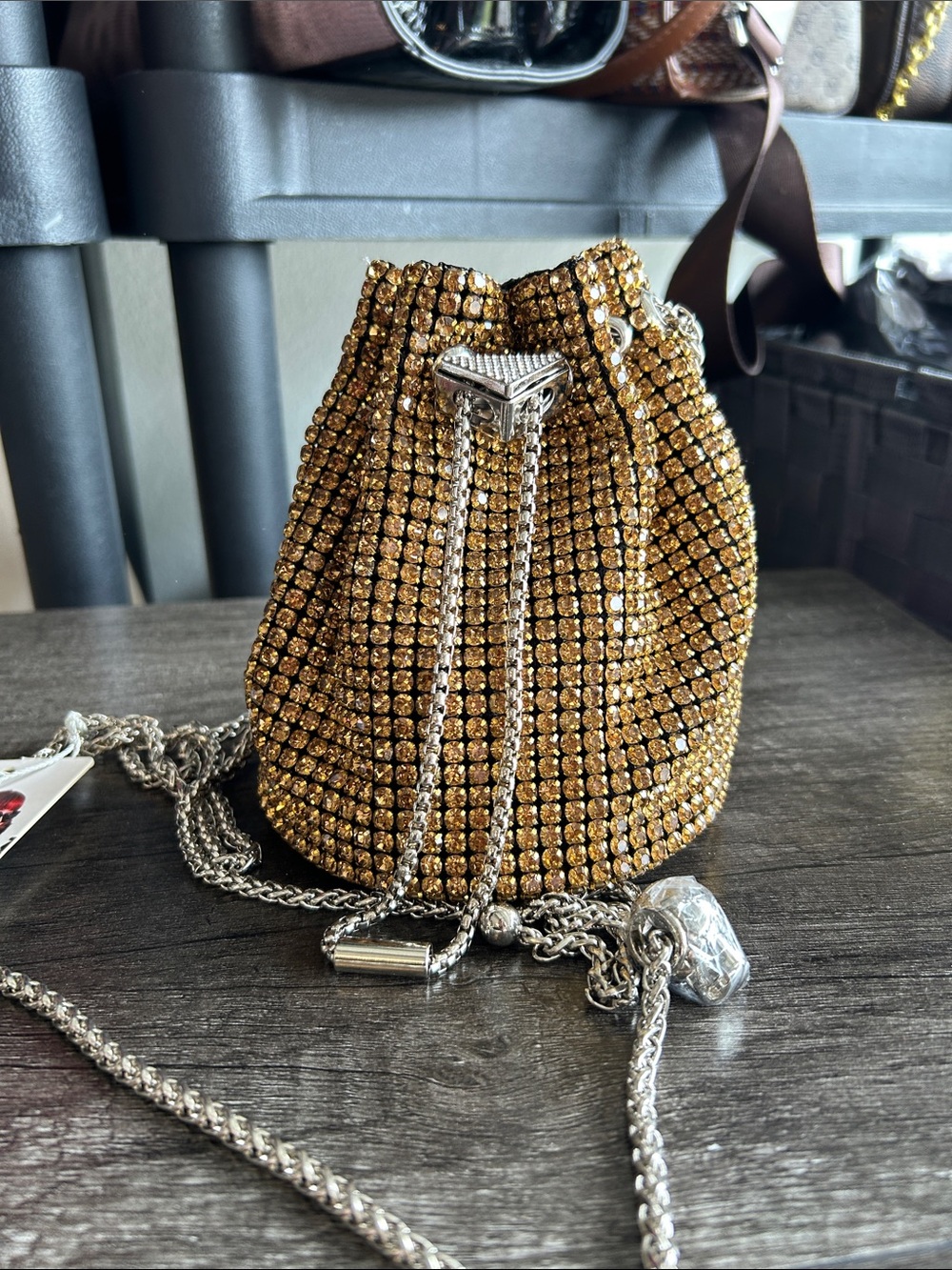 Gold Crystal Drawstring Bucket Bag - Women